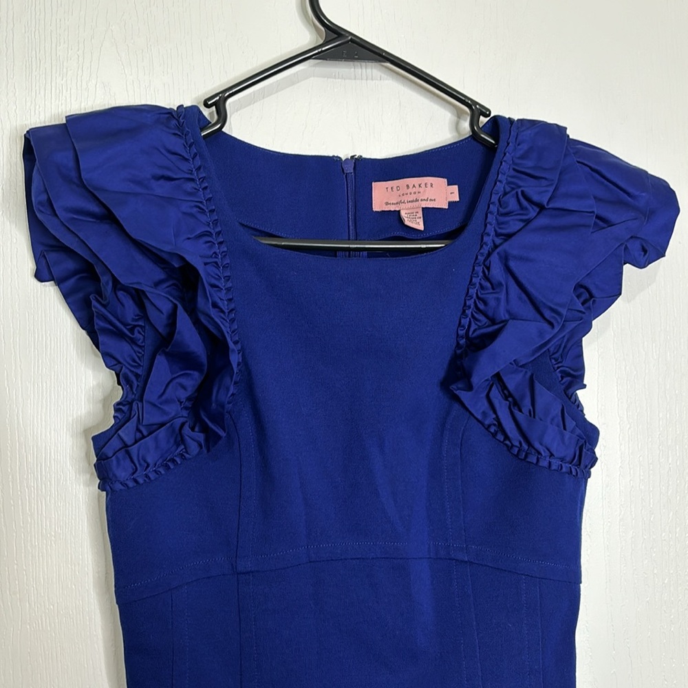TED Baker fitted bodycon midi dress royal blue ruffle sleeves women’s size 1/XS